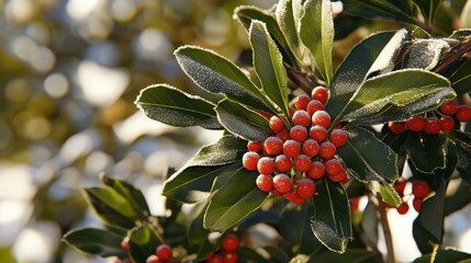 A close-up of frosted berries on a bush with a blurred snowy backdrop.