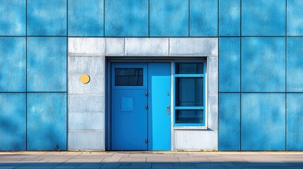 Naklejka premium Blue Door Architectural Photography: Modern Building Exterior Minimalist Design