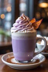 A vibrant purple drink topped with whipped cream and garnished, served in a cozy setting.