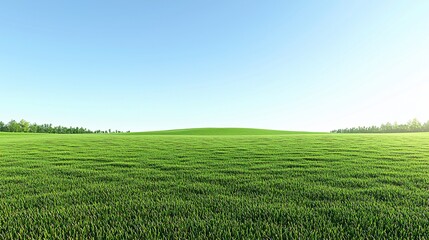 Naklejka premium Green grass field under a clear blue sky with trees in background for nature themes