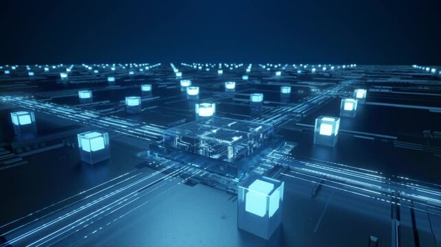 Technology processor startup animation, motherboard chip circuit current operation. Big data information processing analysis, AI automated electronic production and manufacturing.