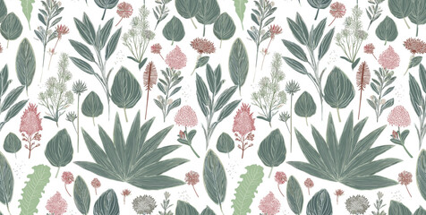 repeating pattern of stylized leaves and floral elements in muted green, pink, and white tones against a white background.