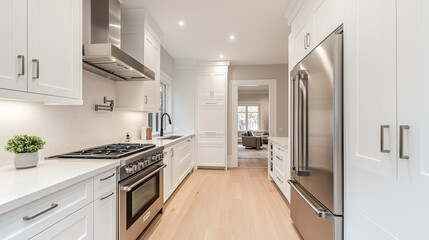 Fototapeta premium Bright Modern Kitchen with White Cabinets and Stainless Steel Appliances