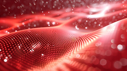 Abstract representation of flowing red waves with glowing particles.