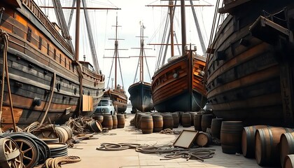 Obraz premium Wooden sailing ships docked at a wharf with barrels and ropes