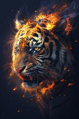 Fototapeta premium Fierce tiger head engulfed in flames. Intense eyes glow. Abstract fire blends into dark background. Bold design perfect for a t-shirt. Detailed mane ablaze.