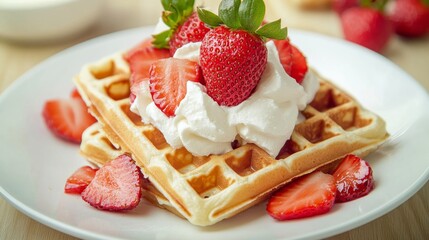 Traditional Belgian waffles with strawberries and cream. Featuring a sweet and indulgent dish. Highlighting the texture and flavors of the waffles. Ideal for food and cultural themes.