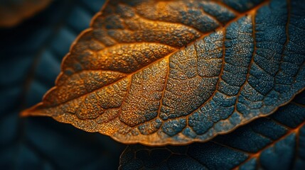 Golden autumn leaf macro, dark background, nature texture, design element