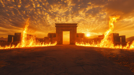 Fototapeta premium A panoramic shot of the ateshgah fire temple, with flames rising from its eternal fire altar under a golden sky. Eternal Dawn. Illustration