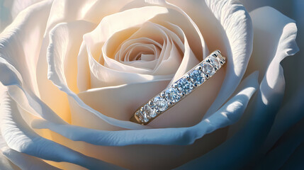 A serene image of a diamond eternity band resting on a white rose, symbolizing elegance and everlasting love. Eternal Dawn. Illustration