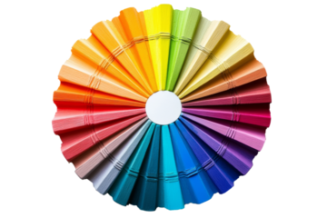 A circular arrangement of rainbow-colored fan-shaped materials, showcasing a striking and vibrant composition that emphasizes symmetry, vividness, and artistic creativity. Perfect for modern design