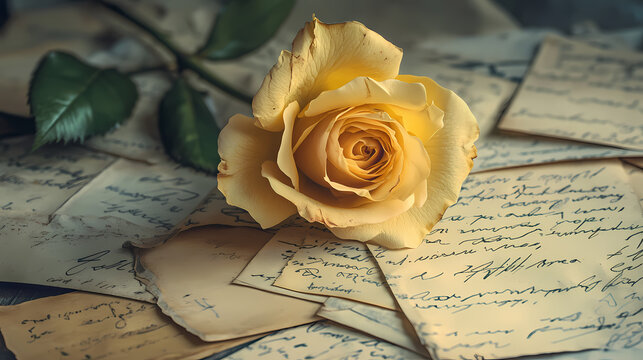 A vintage yellow rose rests on a pile of old love letters and handwritten notes. Eternal Dawn. Illustration