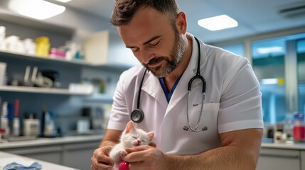 Fototapeta premium Vet examining kitten, clinic, checkup, healthcare