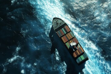 Obraz premium Aerial view of a large container ship sailing on a wavy ocean.