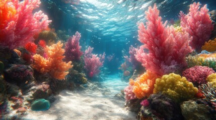 Fototapeta premium Vibrant Underwater Coral Reef Ecosystem with Bold Outlines - Photorealistic Marine Life Colors and Textures