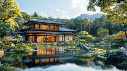 Fototapeta premium Serene Japanese Garden House with Mountain Views