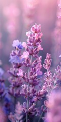 Obraz premium Pastel pink and lavender hues blend in a dreamy modern art piece. Subtle gradients and soft lines create an ethereal feel. Lavender flowers are the focus.