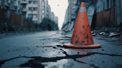 Orange Traffic Cone Positioned on Cracked Concrete Surface of Urban Road Surrounded by Abandoned Buildings and Overcast Sky
