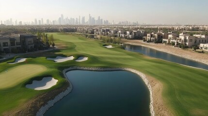 Aerial shot of a golf course surrounded by premium residential properties.