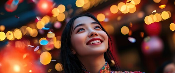 Fototapeta premium Woman celebrates festival, lanterns, confetti. Joyful Asian woman, night market