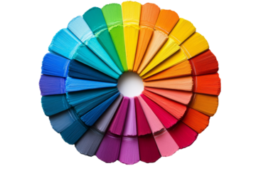 A circular arrangement of rainbow-colored fan-shaped materials, showcasing a striking and vibrant composition that emphasizes symmetry, vividness, and artistic creativity. Perfect for modern design