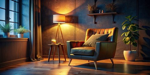 Night Photography Armchair Wall, Cozy Interior, Dark Room, Low Light, Ambient Lighting, Night Scene, Relaxing Atmosphere, Comfortable Chair,