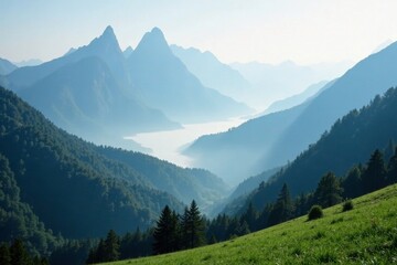 Fototapeta premium Misty valleys with towering peaks shrouded in fog, peaks, nature