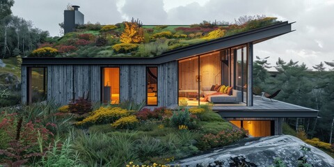 Obraz premium Scandinavian eco home. Minimalist architecture. Green roof. Natural wood interiors. A stunning blend of nature and modern design.