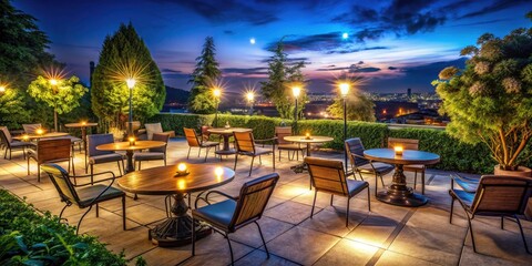 Night Photography Rest Area: Illuminated Tables, Chairs, Outdoor Seating, Night Scene, Dark Ambiance, Starry Sky, City Lights, Peaceful Rest Stop, Evening Relaxation