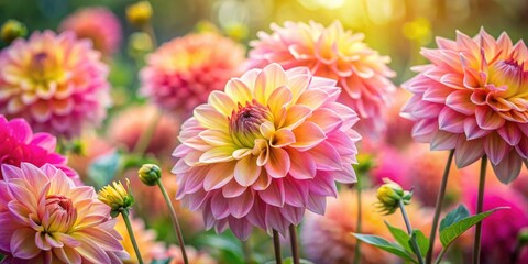 Captivating Long Exposure of Pink and Yellow Daleko Jupiter Dahlias in a Public Garden, Close-Up Blossoms Under Daylight