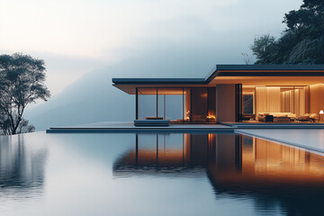Fototapeta premium Modern Minimalist House with Infinity Pool and Mountain View