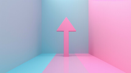 Minimalist pink arrow in a pastel blue and pink geometric room