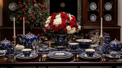 A dining table set with luxurious tableware, napkins, and floral arrangements.