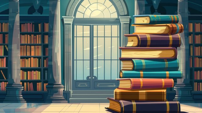 A stack of open and closed books with realistic textures, set in a library with soft light beams and bookshelves, symbolizing education and knowledge.
