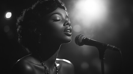 vintage black and white photograph of jazz singer performing on stage with microphone and audience lights