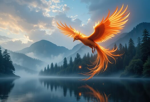 A majestic golden phoenix gracefully flies over a tranquil lake nestled amongst misty mountains and a lush forest at dawn.