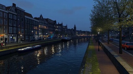 Obraz premium Nighttime Scene of a Serene Amsterdam Canal with Reflections from Historic Buildings and Soft Street Lights