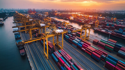 Aerial View of a Busy Cargo Port at Sunset