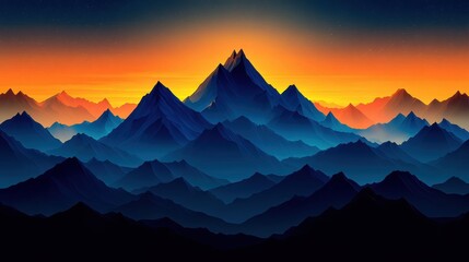 Fototapeta premium Majestic Mountain Range at Sunrise in Isometric Perspective with Bold Outlines