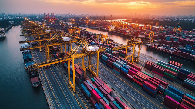 Aerial View of a Busy Cargo Port at Sunset