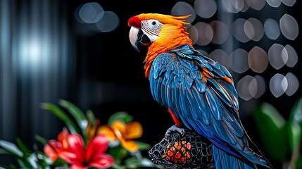 Obraz premium Colorful Macaw Parrot Perched on Stand, Tropical Flowers Background