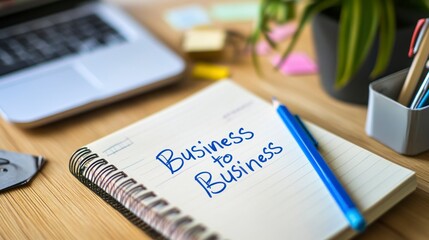 A photo of the Business to Business written on a notebook, next to office stationery and a blue colored pencil.