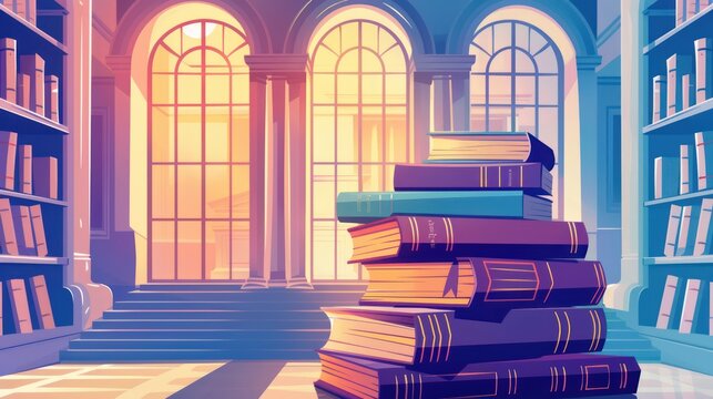 A stack of open and closed books with realistic textures, set in a library with soft light beams and bookshelves, symbolizing education and knowledge.