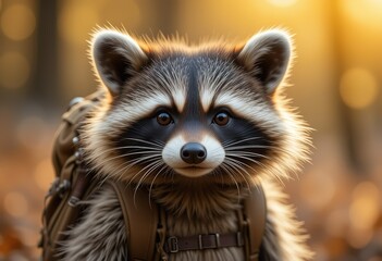 A close-up portrait of a cute raccoon wearing a small backpack in an autumnal forest setting.