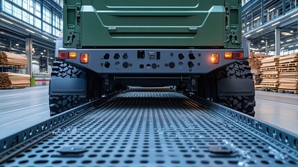 Military truck rear, factory loading ramp, wood storage