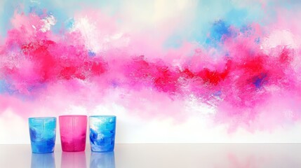 Abstract Pink Blue Swirl Painting with Cups