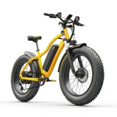 A yellow electric bike designed for leisure and transportation with fat tires for stability. isolated on white background