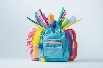 A colorful backpack overflowing with school supplies and stationery items. isolated on white background