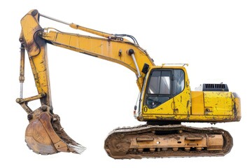 A yellow excavator with a large bucket, used for digging and construction tasks. isolated on white background