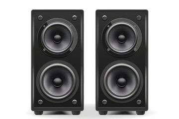 Two black speakers with dual woofers designed for audio playback. isolated on white background